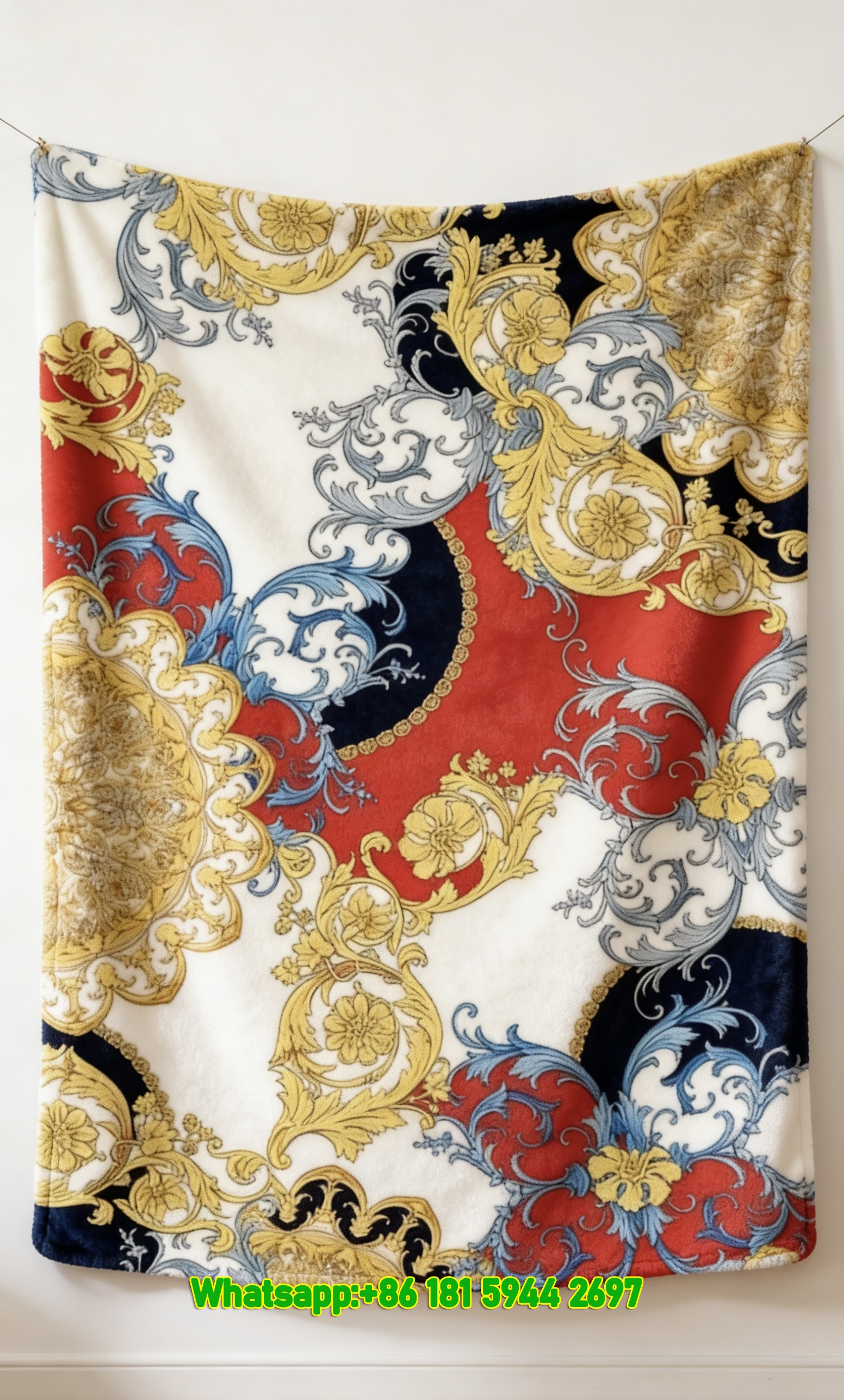 Versace Multicolor Red Gold and Blue Baroque Floral Flannel Throw Blanket IMG_1491